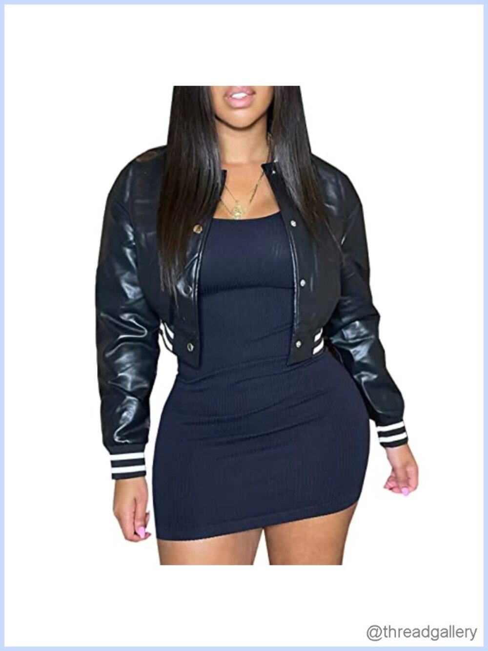 Faux Leather Women's Cropped Varsity Bomber Jacket Snap Button Y2K Streetwear